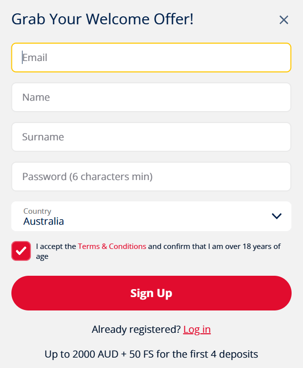 Spinstralia Casino Signup Page